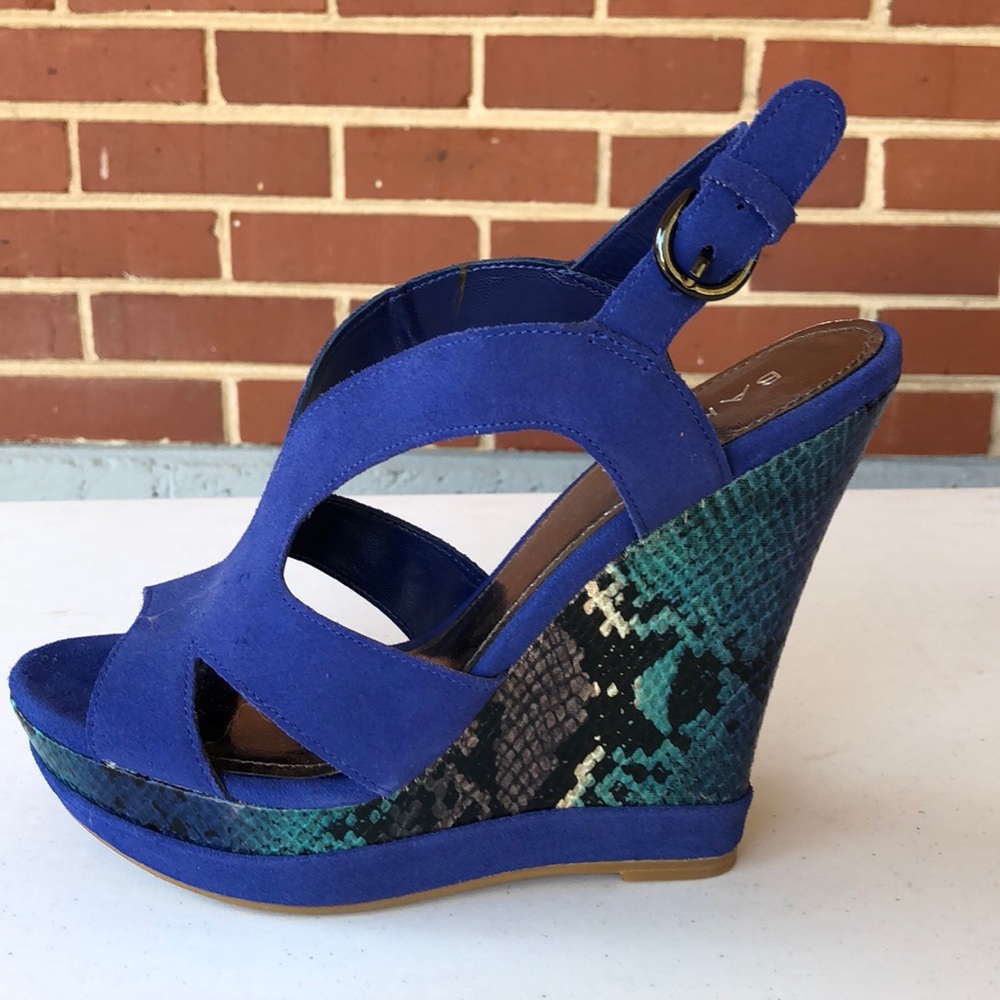 Blue faux suede wedge sandals